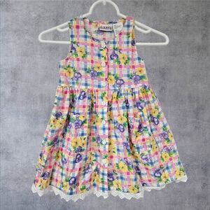 Vintage 90s Basic Image Pink‎ Gingham Pansy Floral Sun Dress Size 6 Girls A18